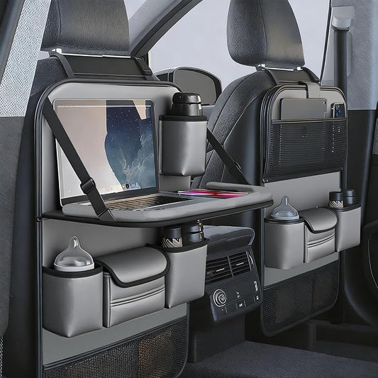 Waterproof PU Leather Car Seat Back Organizer with Foldable Tray Table, Backseat Organizer with Tablet Holder, Cup Holder, Tissue Holder and Kick Mat for SUV Sedan Minivan, Gray