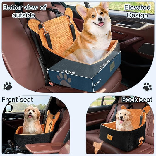 Dog car Seats for Small/Medium Dogs up to 33lbs- Washable, Waterproof, Dog Booster & car Seats with 2 Easy-Install Safety Belts, Non-Slip Base & Storage Pocket(Brown Black).