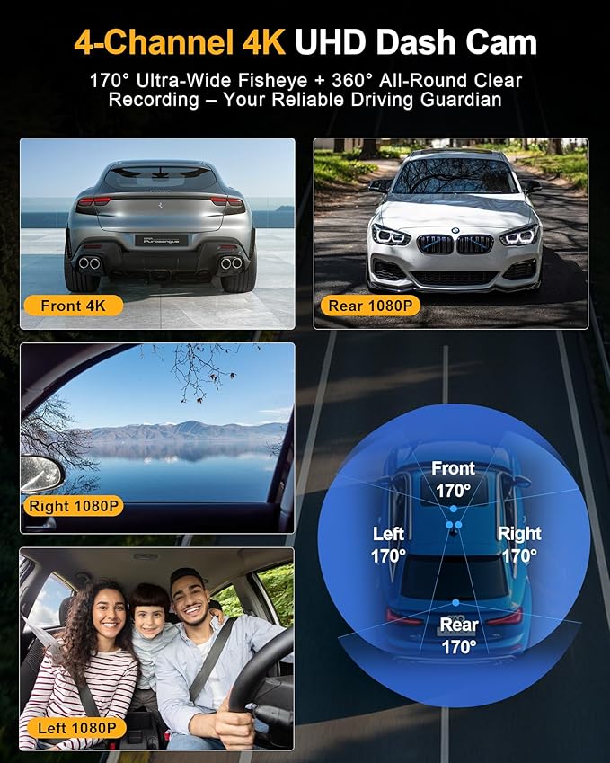 4 Channel 4K Dash Cam - 360° Panoramic Front Rear Inside Camera, STARVIS 2 Night Vision, 5.8GHz WiFi, 170° Wide Lens, 24hr Parking Monitor, G‑Sensor, Included 64GB SD Card for Private Drivers
