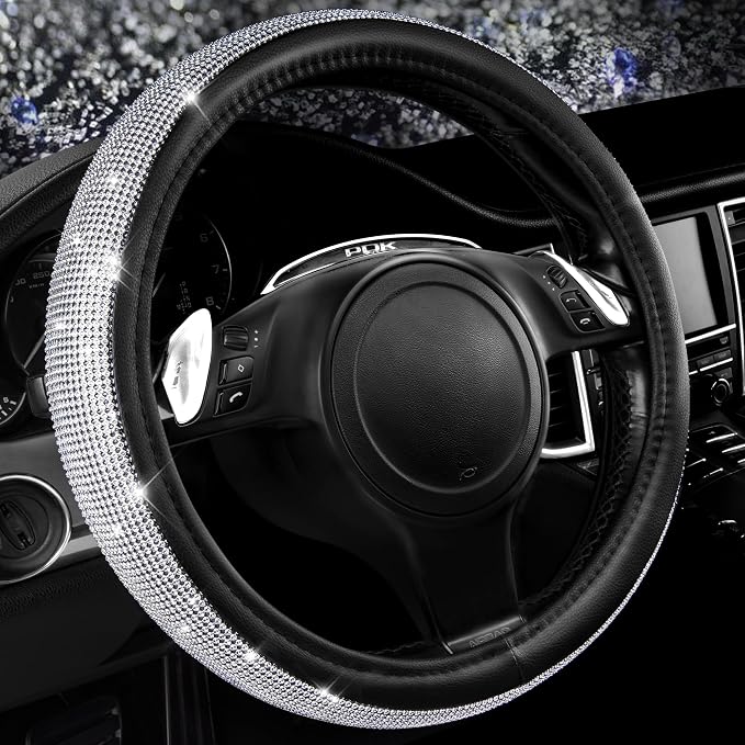 CAR PASS 11 PCS Bling Diamond Car Mats Set for Women Girls, Sparkly Rhinestone Steering Wheel Cover, Waterproof Floor Mats Universal Fit for SUV,Vans,Sedans,Trucks Anti-Slip, Interior Sets Silver