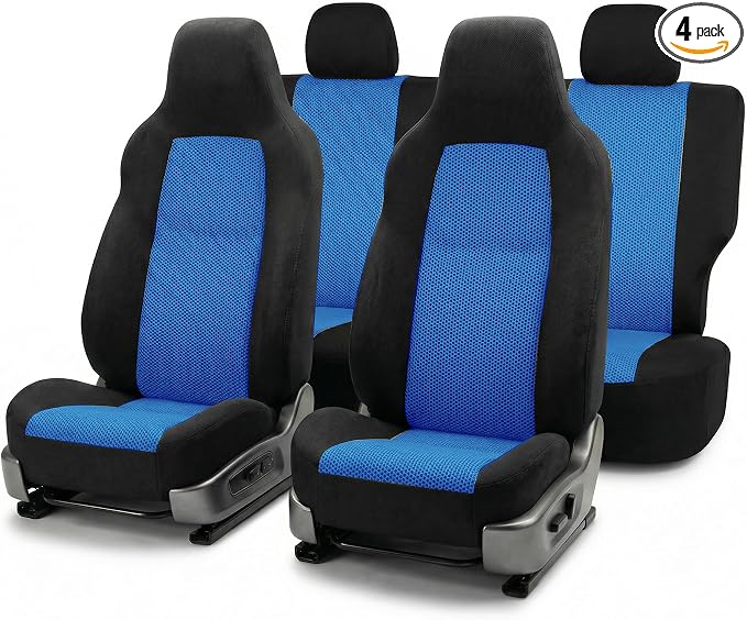 FH Group Automotive Full Car Seat Covers for SUV, Trucks, Sedan and More - Universal Fit Front High Back & Rear Solid Bench Design Interior Accessories - 3D Air Mesh Fabric Center Panel - Blue