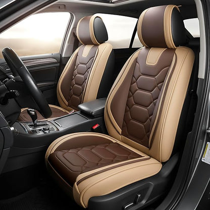 OASIS AUTO Car Seat Covers Full Set, Sporty Faux Leather with Honeycomb Pattern, Waterproof Universal Fit for SUV, Sedan, Pick-up Truck, Automotive Interior Accessories (OS-004 Coffee)