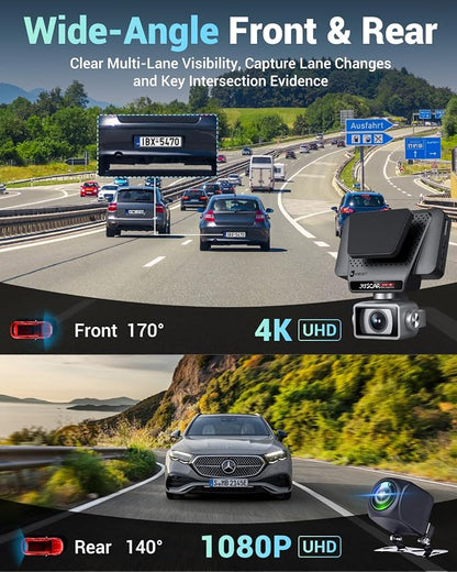 2026 AI Drive Assist 5G WiFi Dash Cam Front and Rear, UHD 4K+1080P, ADAS & GPS, 360° Rotating Front x Free 32GB Card Dual Dashcam, 3" Touch Screen, 24H Parking Mode, Support 512GB Max
