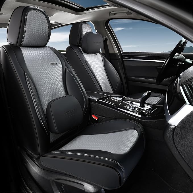 Coverado Seat Covers, Car Seat Covers Front Seats, Waterproof Nappa Leather Auto Seat Cover with Lumbar Head Pillow, Black Gray Seat Covers Carseat Cover Universal Fit for Most Cars