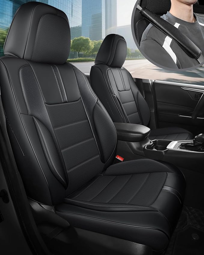 FREESOO Universal Front Seat Covers, Waterproof Faux Leather Automotive Seat Covers with Carbon Fiber Texture Seat Belt Pads, Anti-Slip Airbag Compatible Car Seat Protectors for Cars SUVs Trucks