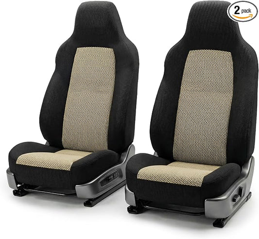 FH Group Automotive Front Car Seat Covers for SUV, Trucks, Sedan and More - Universal Fit Front High Back Design Interior Accessories - 3D Mesh Fabric Center Panel - Beige