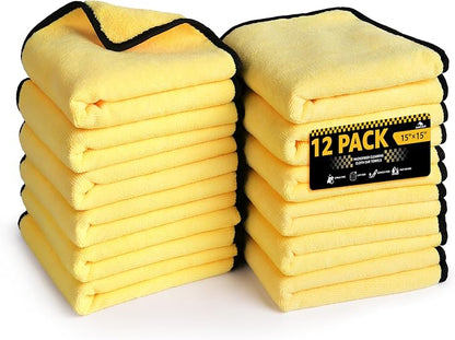 SMINDER 12-Pack Microfiber Cleaning Cloth, Car Drying Towels Car Detailing– XL Microfiber Towels for Cars, Trucks (15.7" x 15.7"), Ultra-Absorbent, Streak-Free, Scratch-Free, No Water Spots