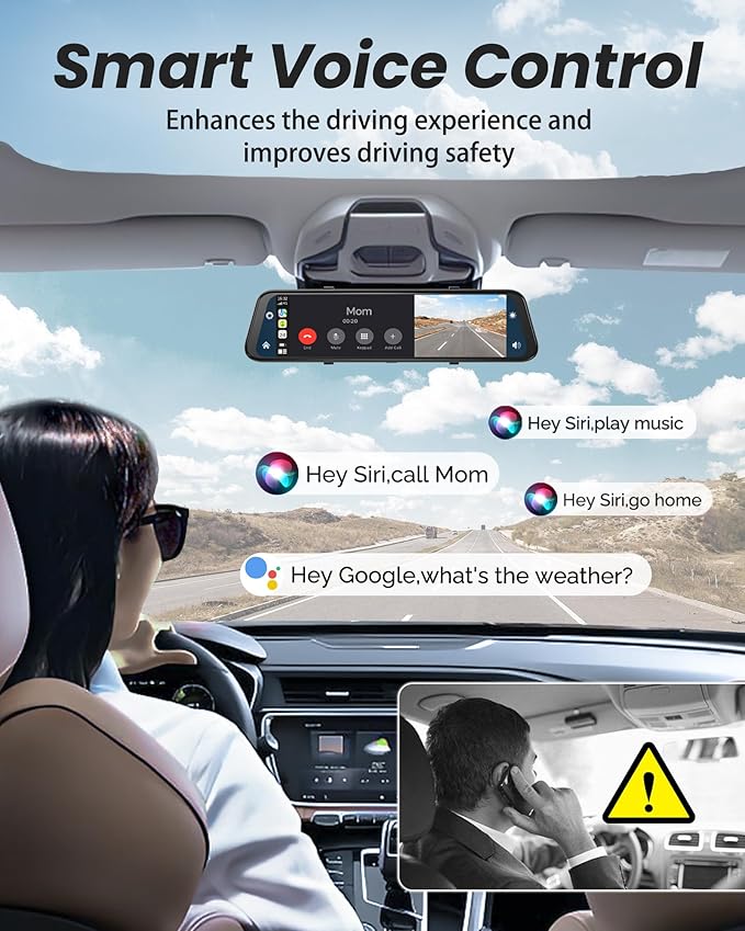 4K Rear View Mirror Camera with Carplay&Android Auto,12" Mirror Dash Cam Front and Rear with Voice Control for Cars&Trucks,Smart Touch Screen,64GB Card Included/Loop Record/Reverse Assist