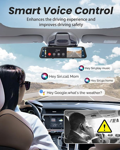 4K Rear View Mirror Camera with Carplay&Android Auto,12" Mirror Dash Cam Front and Rear with Voice Control for Cars&Trucks,Smart Touch Screen,64GB Card Included/Loop Record/Reverse Assist
