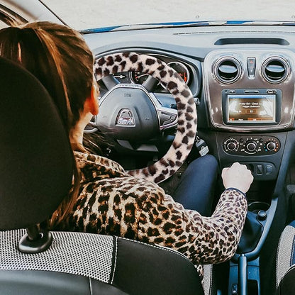 Fuzzy Steering Wheel Cover for Women Girls, Accmor Universal Fit 15 inch Fur Car Wheel Cover & Handbrake Cover & Gear Shift Cover Set, Fashion Leopard Winter Warm Fluffy Vehicle Wheel Protector