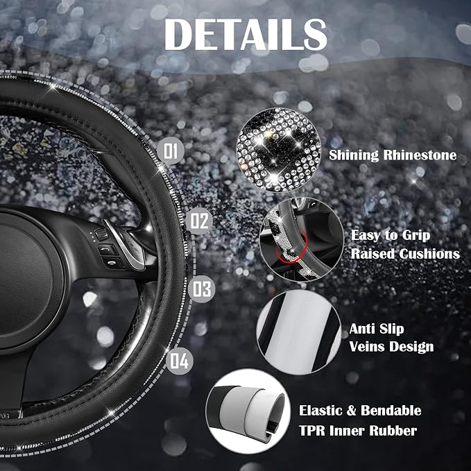 CAR PASS Bling Cow Print Diamond Steering Wheel Cover, with Sparkly Crystal Glitter Rhinestones Black Leather Car Wheel Protect for Women Girl Fit Suvs,Vans,Sedans,Cars,Trucks, 14" 1/2-15" Cow Design