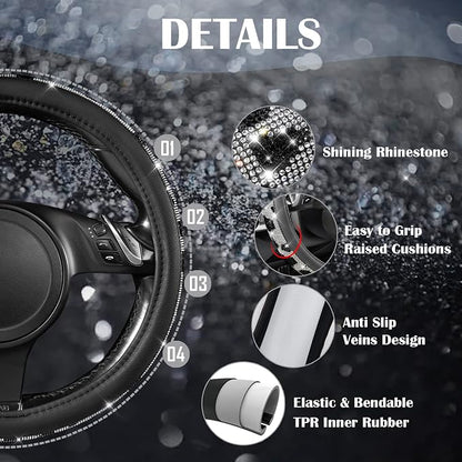 CAR PASS Bling Cow Print Diamond Steering Wheel Cover, with Sparkly Crystal Glitter Rhinestones Black Leather Car Wheel Protect for Women Girl Fit Suvs,Vans,Sedans,Cars,Trucks, 14" 1/2-15" Cow Design