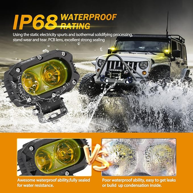 Auxbeam LED Amber Fog Light, 4Inch 60W Led Driving Offroad Lights Pod Super Bright with Wiring Harness Kit Yellow Flood Beam Pod Light for Truck SUV ATV UTV Jeep Wrangler Motorcycle