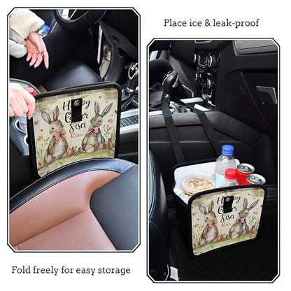 Car Trash Can Organizer Bin with Adjustable Strap for Back Front Seat Console Waterproof Leakproof Collapsible Portable 8.66 Inch Happy Easter Bunny Carrot