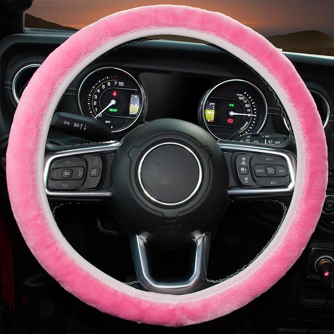 KAFEEK Pink Elastic Fuzzy Steering Wheel Cover,Microfiber Plush Steering Wheel Cover for Woman Girl,Winter Warm, Universal 15 inch