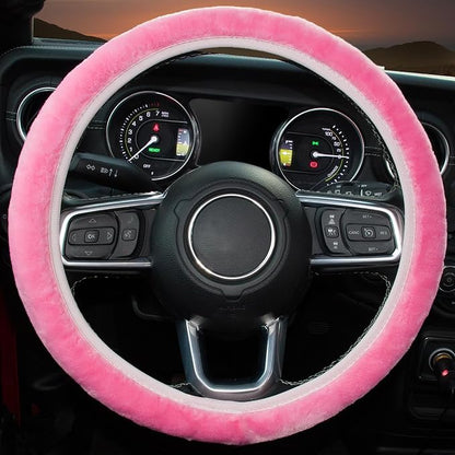 KAFEEK Pink Elastic Fuzzy Steering Wheel Cover,Microfiber Plush Steering Wheel Cover for Woman Girl,Winter Warm, Universal 15 inch