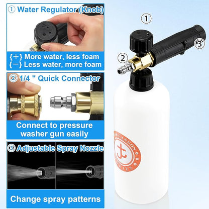 JOEJET Pressure Washer Gun with Foam Cannon, Car Wash Foam Gun with 1/4” Quick Connector, 5 Pressure Washer Nozzle Tips, 1 Liter