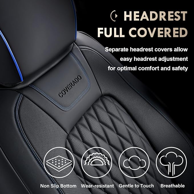 Coverado Leather Seat Cover, Custom Fit for Ford F150 Seat Covers, Ford F150 Truck Seat Covers Waterproof Fit for 2015-2026 F150 & 2017-2026 F250 F350 F450 Blueline - Front Pair