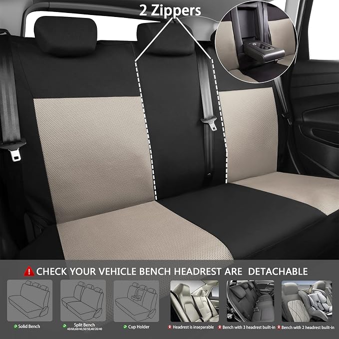 CAR PASS Seat Cover Full Sets, 3D Air Mesh Car Seat Cover with 5mm Composite Sponge Inside,Airbag Compatible Universal Fit for SUV,Vans,sedans, Trucks, Automotive Interior Covers (Black Beige)