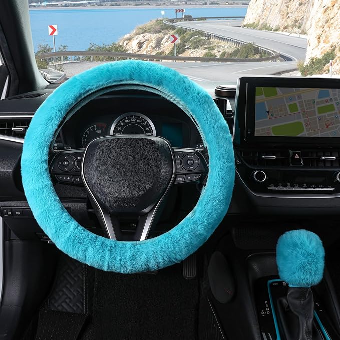 SEG Direct Furry Car Steering Wheel Cover with Gear Shift Cover, Soft and Warm, Cute Fluffy Auto Decor for Women Men, Standard Size, 2 PCS Set, Cyan