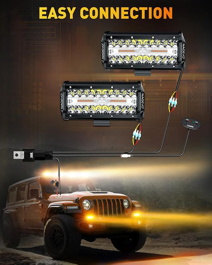 NAOEVO 7 Inch Light Bar, 240W 24,000LM Offroad Fog/Driving Lights LED Pods with 2 Leads Wiring Harness, Spot Flood Combo LED Work Lights for Truck Boat UTV ATV, 2-Pack (White/Amber/White&Amber)
