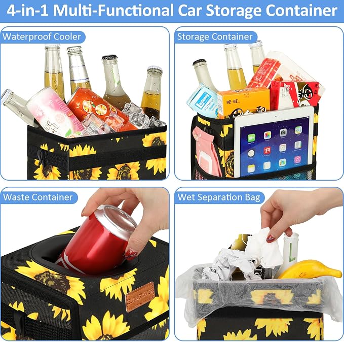 ELONGRIVER Car Trash Can Bin for Back Seat Leak Proof, Cute Car Trash Bag Hanging, Vehicle Trash Can for SUV Truck Van, Automotive Garbage Cans Front Seat Sunflower Floral