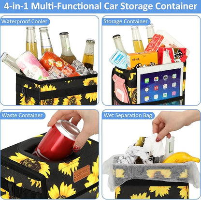 ELONGRIVER Car Trash Can Bin for Back Seat Leak Proof, Cute Car Trash Bag Hanging, Vehicle Trash Can for SUV Truck Van, Automotive Garbage Cans Front Seat Sunflower Floral
