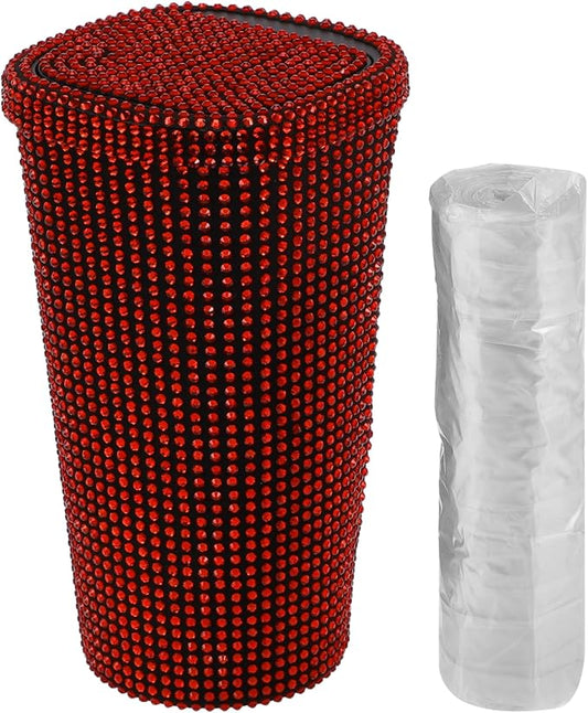 ACROPIX Car Trash Can Trash Bin Rhinestones Portable 3.5" Length 3.5" Width 6.3" Height Red Rhinestone Plastic