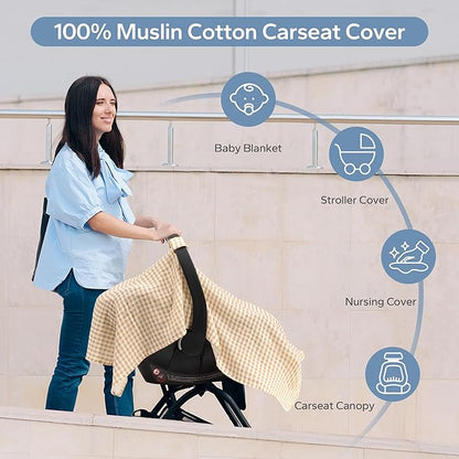 SERAPHY 100% Muslin Cotton Car Seat Covers for Babies, Universal Baby Car Seat Cover, Breathable Muslin Carseat Cover Canopies for Boys and Girls, Soft Infant Car Seat Cover for Summer — Beige