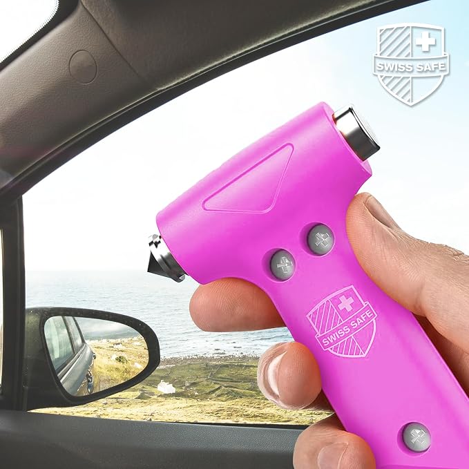 Swiss Safe 5-in-1 Emergency Car Safety Hammer – Car Window Breaker & Seatbelt Cutter, Heavy-Duty Escape Tool for Vehicle Emergencies and Auto Kits – Pink, 2 Pack