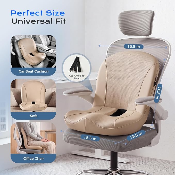 Coverado Car Seat Cushion and Lumbar Support Pillow One Piece, Napa Leather Memory Foam Ergonomic Back Support Driving Seat Cushion for Back Pain, Non-Slip Washable Cushion for Car, Driver, Office