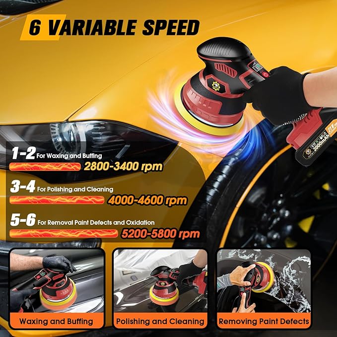 Cordless Car Buffer Polisher kit [2x 2000mAh 21V Batteries & 18 PCS Attachments] 6-Speed Orbital Design, LED Display, Lightweight Detailing Tool for Waxing, Polishing & Scratch Removal-Red