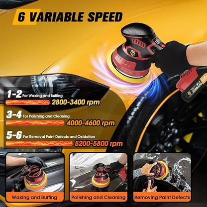 Cordless Car Buffer Polisher kit [2x 2000mAh 21V Batteries & 18 PCS Attachments] 6-Speed Orbital Design, LED Display, Lightweight Detailing Tool for Waxing, Polishing & Scratch Removal-Red