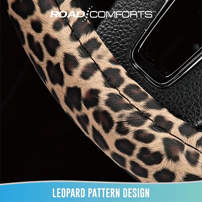 Road Comforts Leopard Steering Wheel Cover for Women, Cute Anti-Slip Microfiber Leather, Universal Fit 14.5-15 Inch Round Steering Wheel - Red