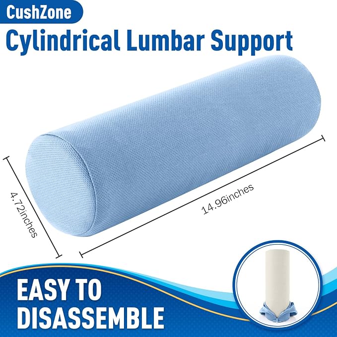 Lumbar Roll Support Pillow for Office Chair, Car, Gaming Chair, Memory Foam Back Cushion with Washable Cover for Relieving Back Pain & Improving Posture, Large,Light Blue