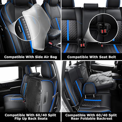 Carlimeki Leather Seat Covers Custom Fit for Tacoma Gen 4th (2024-2026) Double Cab, for SR, SR5, TRD PreRunner, TRD Sport, TRD Off-Road, Limited, Trailhunter - Armrest Covers Included - Fully Covered