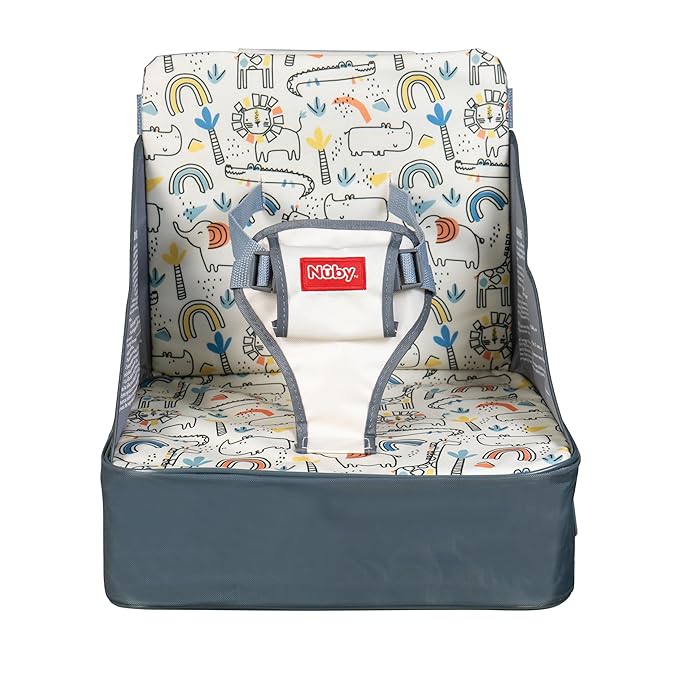 Nuby Easy Go Booster Seat for Kitchen Chair - Travel Booster Seat for Babies and Toddlers with 3-Point Harness - 9+ Months - Beige Safari Print