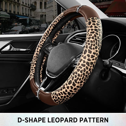 Road Comforts Leopard Steering Wheel Cover for Women, Cute Anti-Slip Microfiber Leather, Fits D Shape Flat Bottom Steering Wheel 14.5-15 Inch - Brown