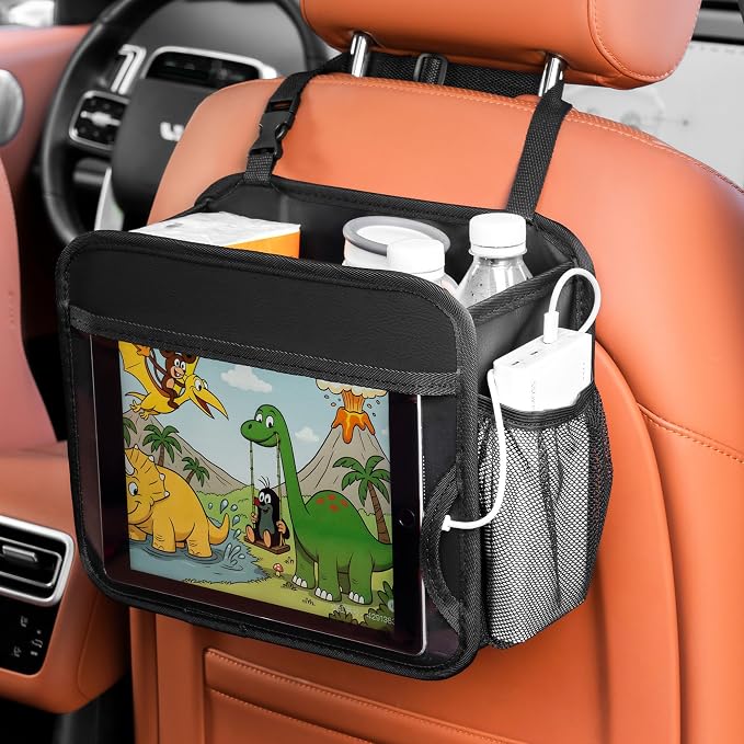 Car Organizer Bag for Back Seat Front Seat or Between Seats Premium PU Leather Hanging Storage Caddy with Tablet Holder Tissue Box Cup Bottle Holders Mesh Pockets for Kids Adults