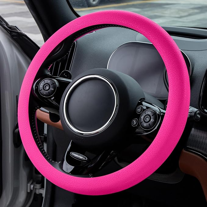 Spurtar Hot Pink Car Steering Wheel Cover Women, Hot Pink Car Accessories Cute Soft Silicone Leather Texture Steering Wheel Protector, Fit Diamenter 15" - 16.5"