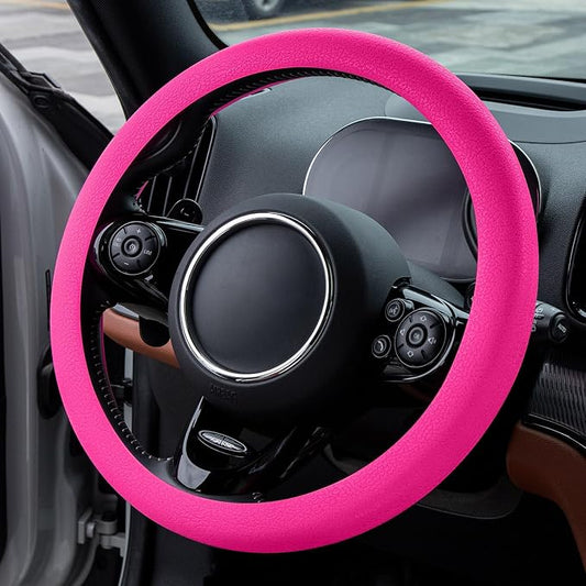 Spurtar Hot Pink Car Steering Wheel Cover Women, Hot Pink Car Accessories Cute Soft Silicone Leather Texture Steering Wheel Protector, Fit Diamenter 15" - 16.5"