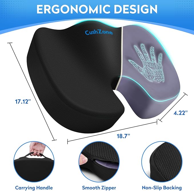 CushZone Seat Cushion, Office Chair Cushions, Car Seat Cushion, Non-Slip Sciatica & Back Coccyx Tailbone Pain Relief Chair Pad, Memory Foam Pillow for Computer Desk, Wheelchair, Driving(Black)