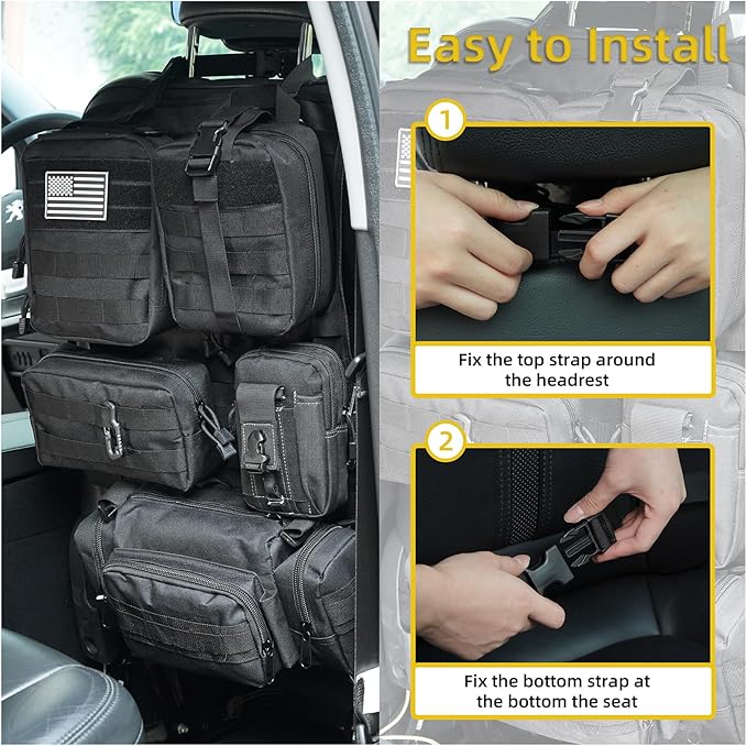 Tactical Car Seat Back Organizer,Tactical Molle Seat Back Organizer with 6 Detachable Molle Pouch,Universal Fits for Car Truck Jeep Vehicle Black