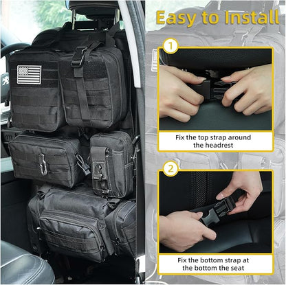 Tactical Car Seat Back Organizer,Tactical Molle Seat Back Organizer with 6 Detachable Molle Pouch,Universal Fits for Car Truck Jeep Vehicle Black