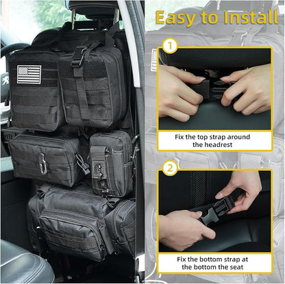 Tactical Car Seat Back Organizer,Tactical Molle Seat Back Organizer with 5 Detachable Molle Pouch,Velcro Label Can Be Removed,Universal Fits for Car Truck Jeep Vehicle