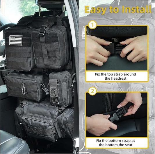 Tactical Car Seat Back Organizer,Tactical Molle Seat Back Organizer with 5 Detachable Molle Pouch,Velcro Label Can Be Removed,Universal Fits for Car Truck Jeep Vehicle