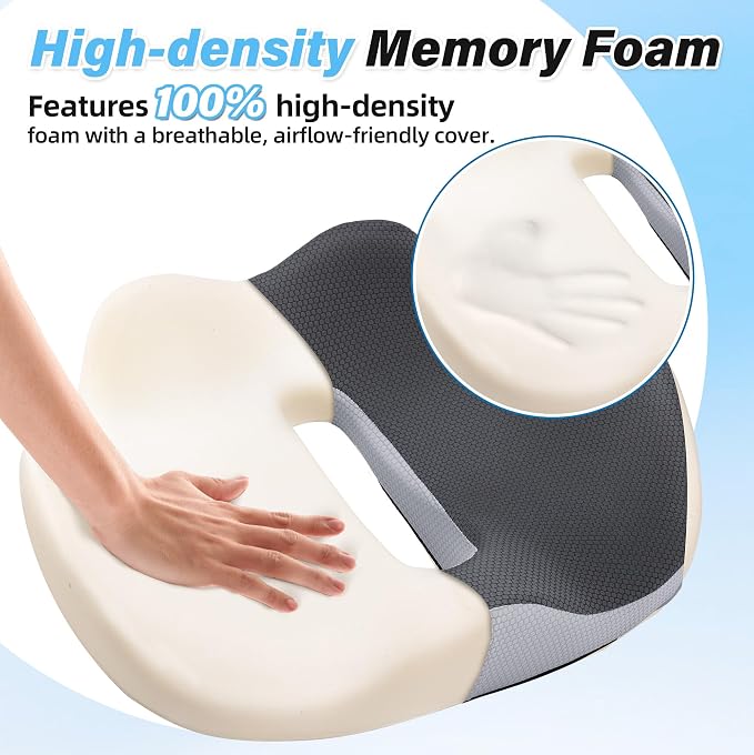 VUSIGN X-Large Seat Cushion for Truck & Car Drivers, Memory Foam Seat Cushion for Long Driving, Sciatica & Tailbone Pain Relief, Ergonomic Back Support Cushion with Non-Slip Bottom & Washable Cover
