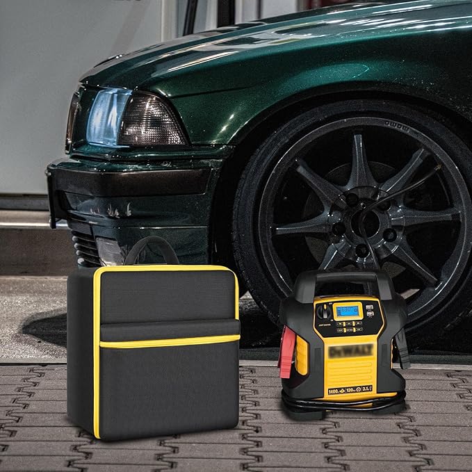 Car Jumper Starter Storage Bag Compatible with DEWALT DXAEJ14 Digital Portable Power Station Air Compressor, Carrying Case Holder Container (Black with Yellow Zipper Case Only)