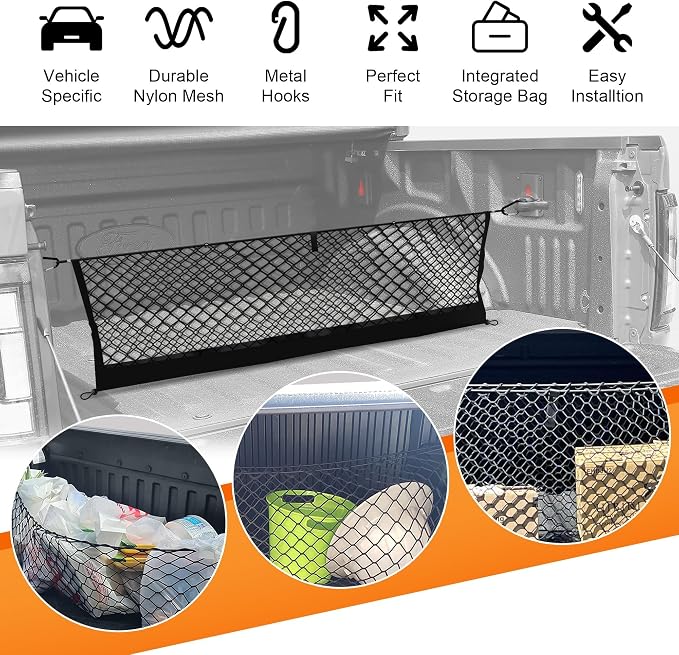 Truck Bed Cargo Net for Ford F150 2015-2024 2025, Envelope Style Pickup Cargo Net with Storage Bag, Heavy Duty Elastic Mesh Organizer with Carabiners, Secures Groceries & Gear