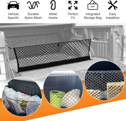 Truck Bed Cargo Net for Ford F150 2015-2024 2025, Envelope Style Pickup Cargo Net with Storage Bag, Heavy Duty Elastic Mesh Organizer with Carabiners, Secures Groceries & Gear